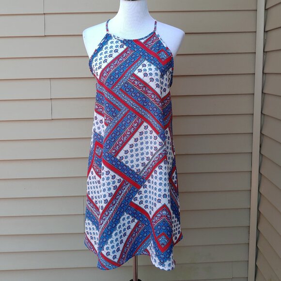 chm Multicolor Mini Halter Dress Red White Blue Patriotic Memorial Day - Picture 2 of 12